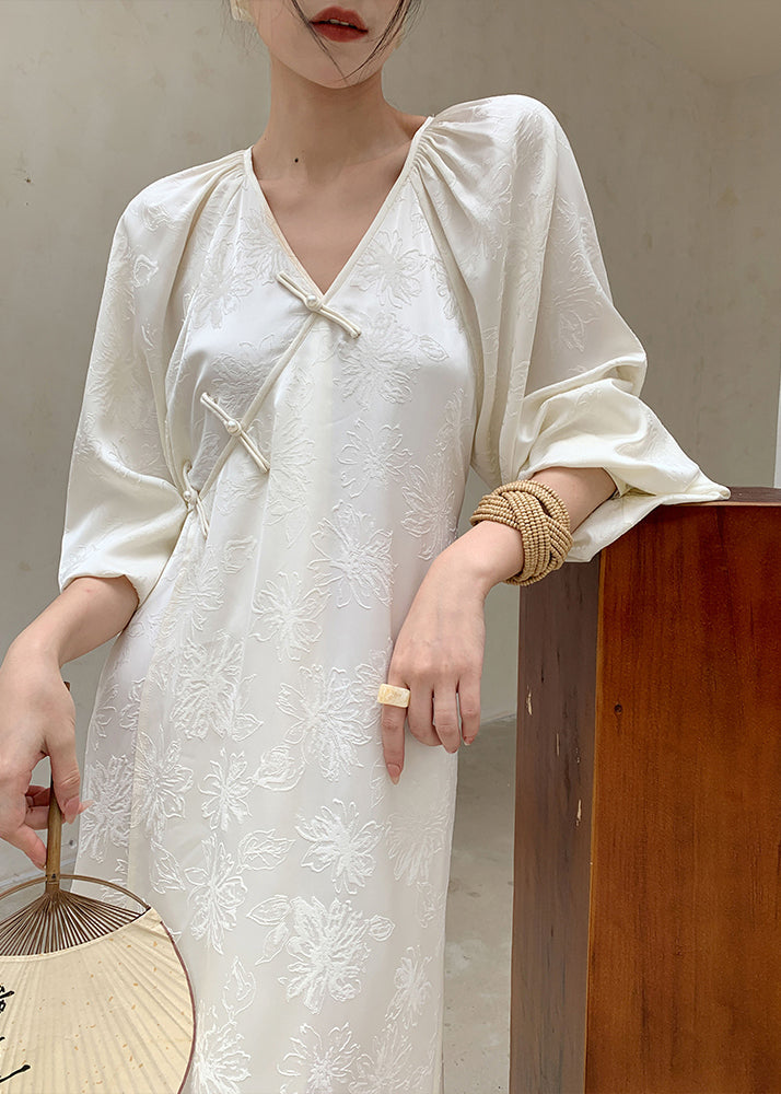 Jacquard Floral Frog Button Lantern Sleeve Maxi Dress