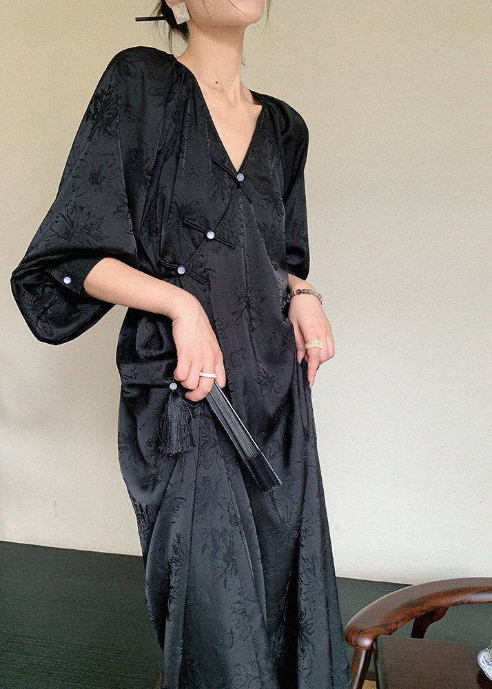 Jacquard Floral Frog Button Lantern Sleeve Maxi Dress - View 2