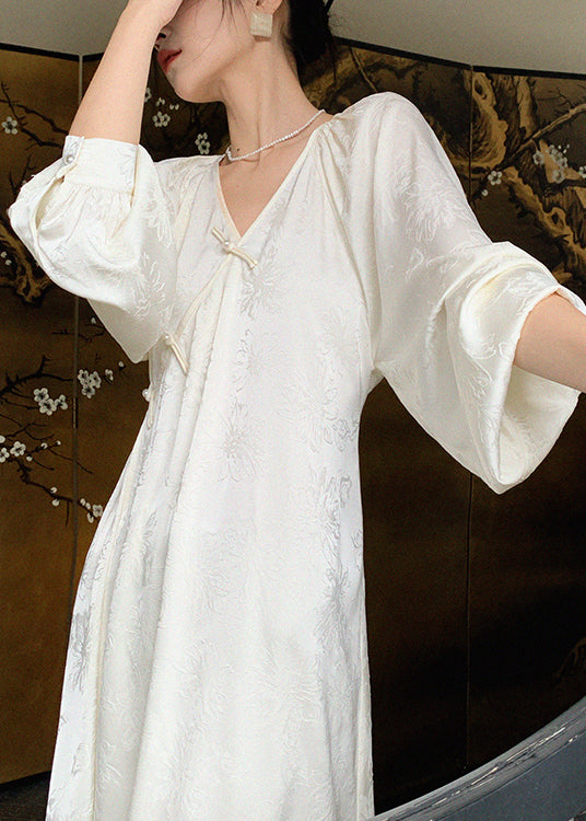 Jacquard Floral Frog Button Lantern Sleeve Maxi Dress - View 3