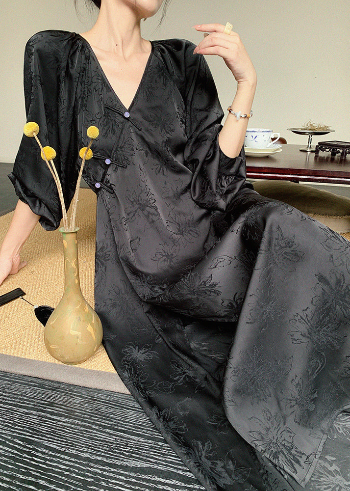 Jacquard Floral Frog Button Lantern Sleeve Maxi Dress - View 4