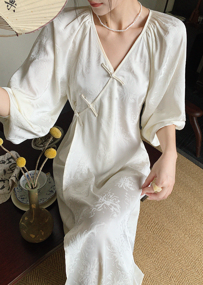 Jacquard Floral Frog Button Lantern Sleeve Maxi Dress - View 5
