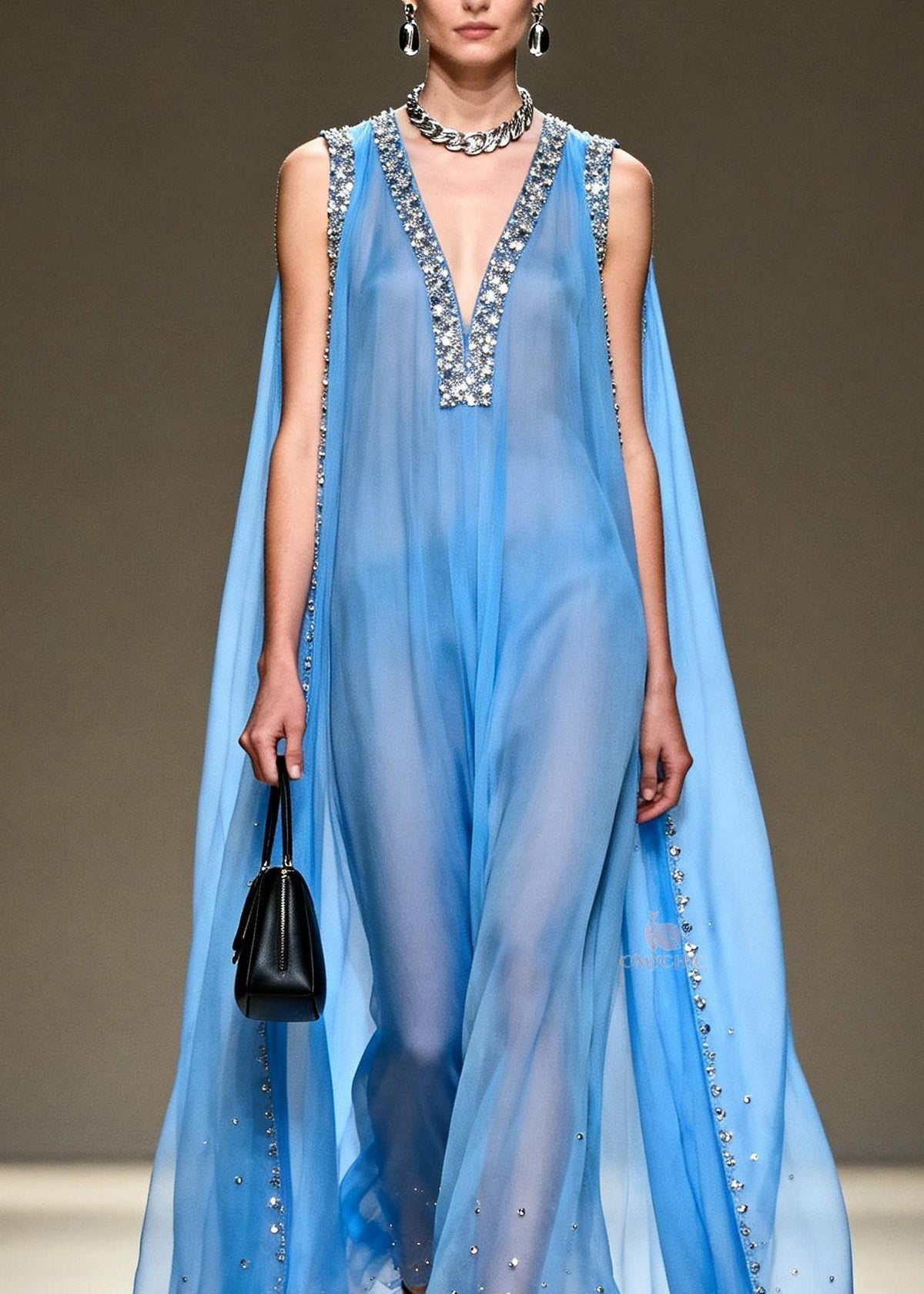 New Blue V Neck Zircon Patchwork Chiffon Maxi Dresses Summer - View 2