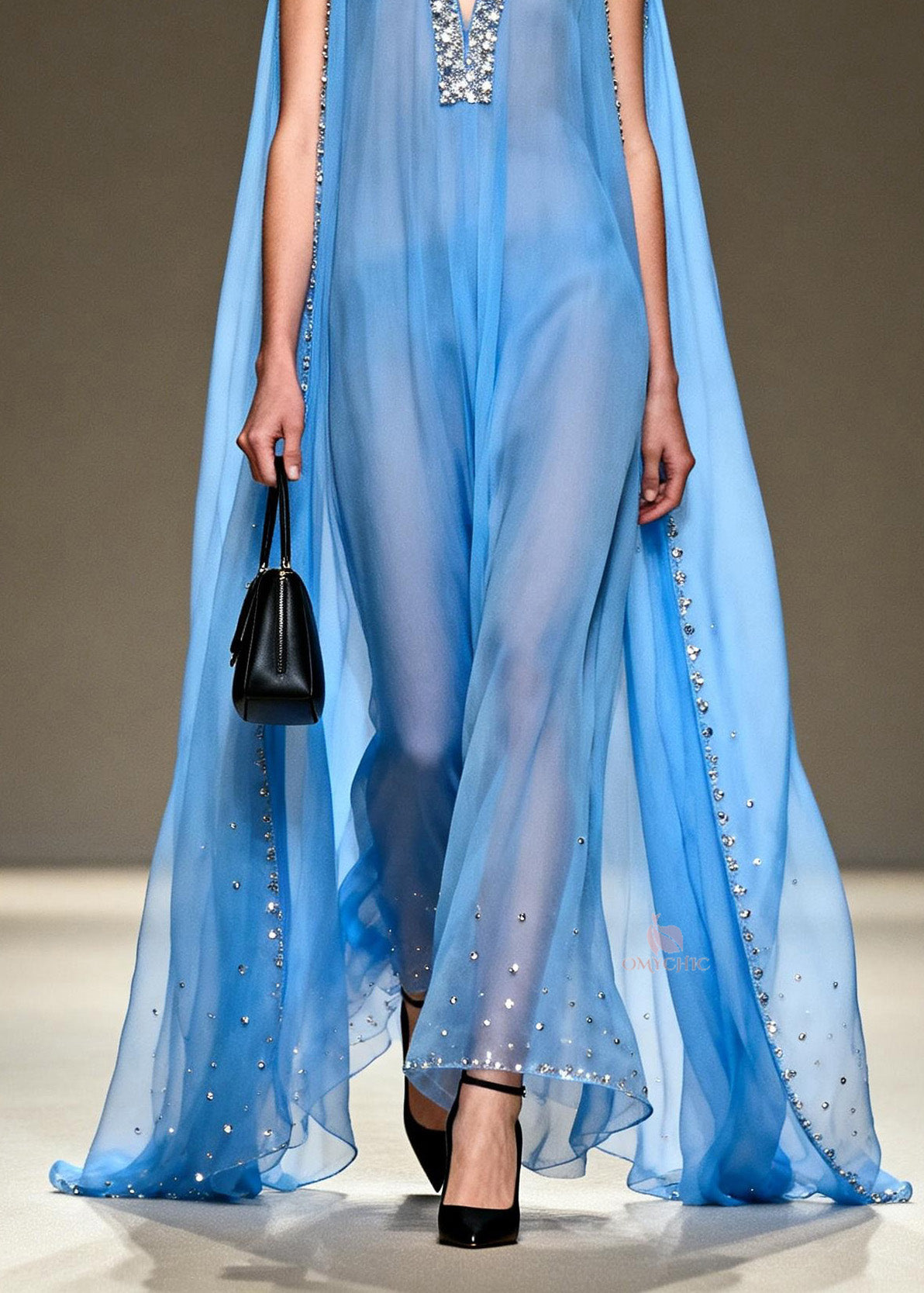 New Blue V Neck Zircon Patchwork Chiffon Maxi Dresses Summer - View 4