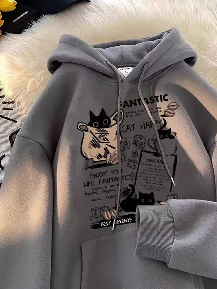Cat Cartoon Printed Pullover Hoodie 9