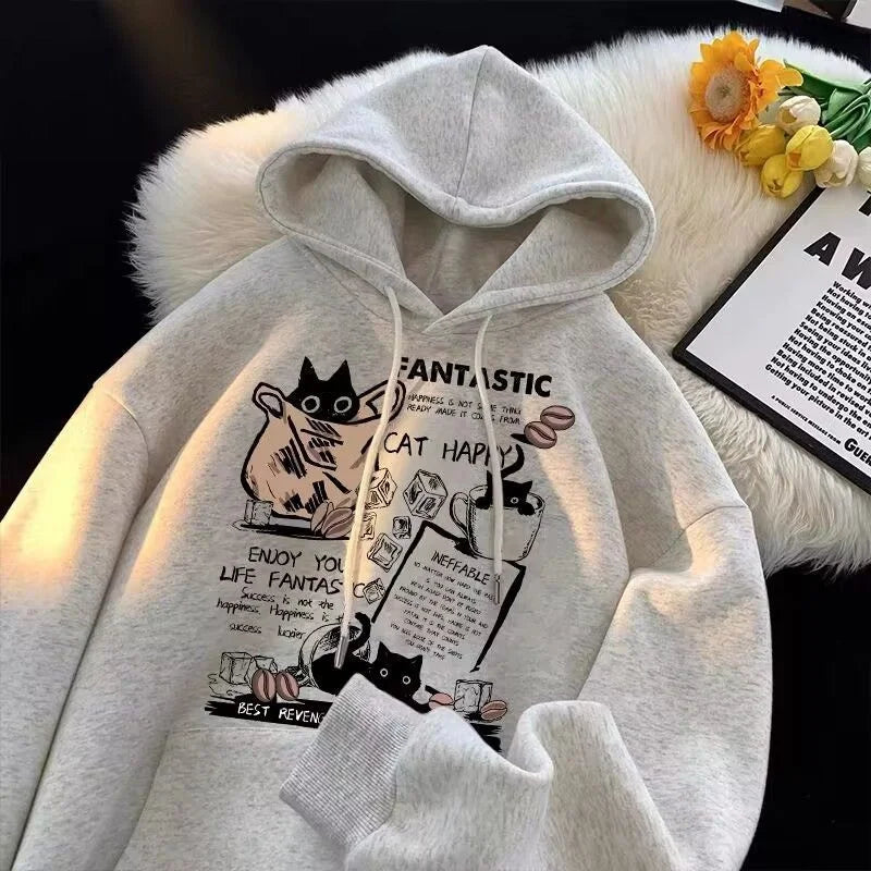 Cat Cartoon Printed Pullover Hoodie 3