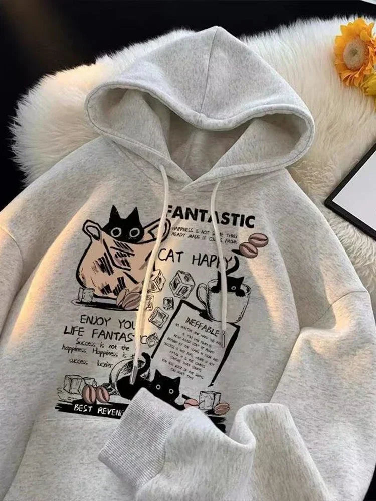 Cat Cartoon Printed Pullover Hoodie 8