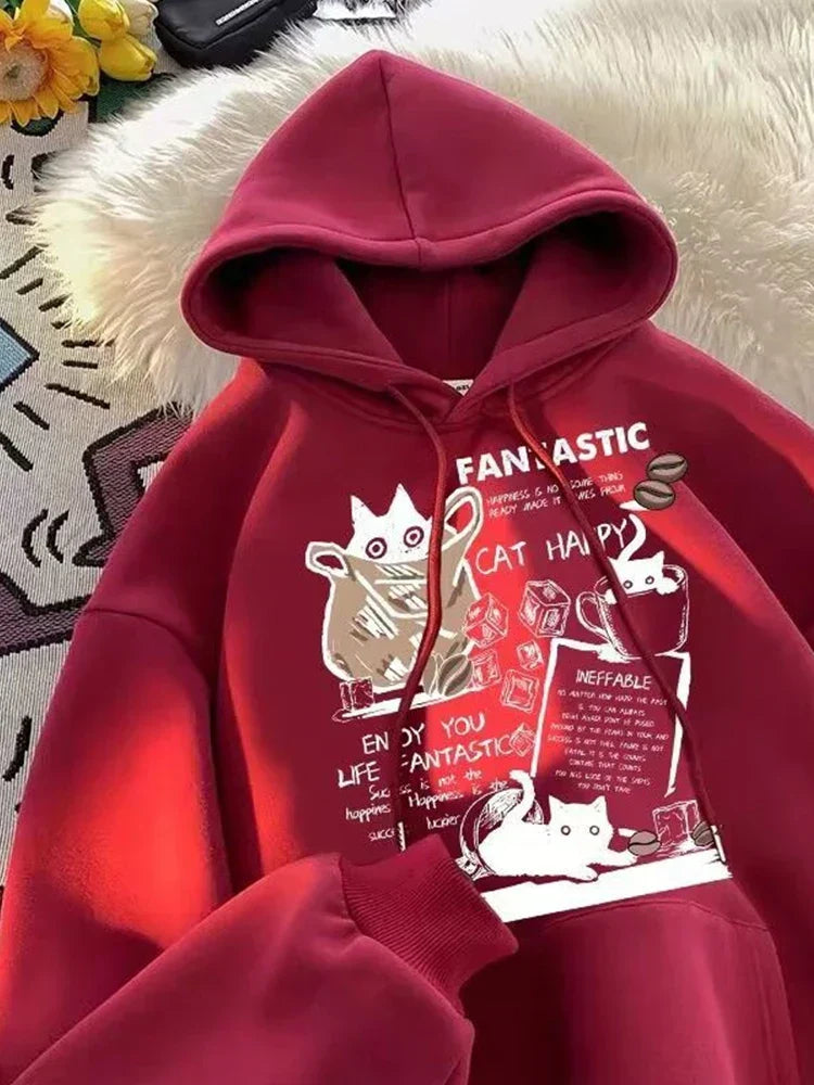 Cat Cartoon Printed Pullover Hoodie 10
