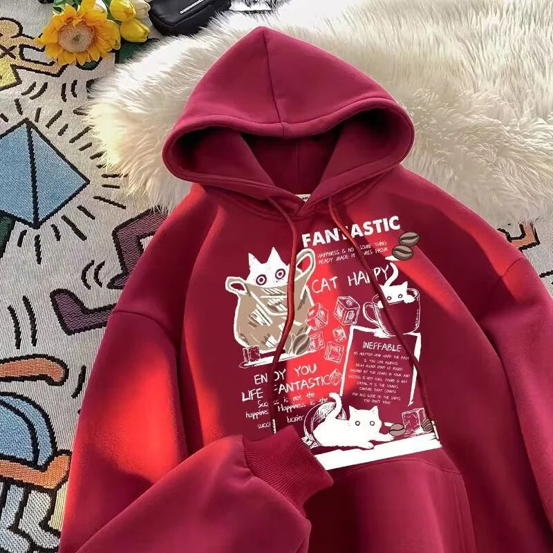 Cat Cartoon Printed Pullover Hoodie 6