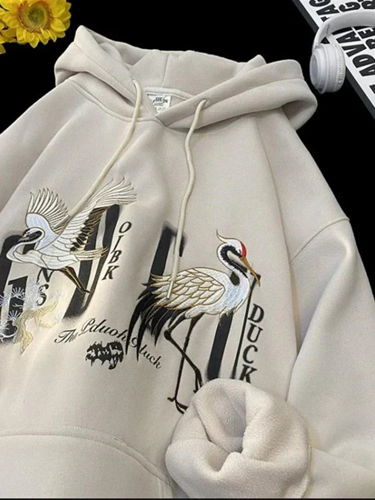 Chinese Crane Pullover Hoodie Beige / M(40-45KG)