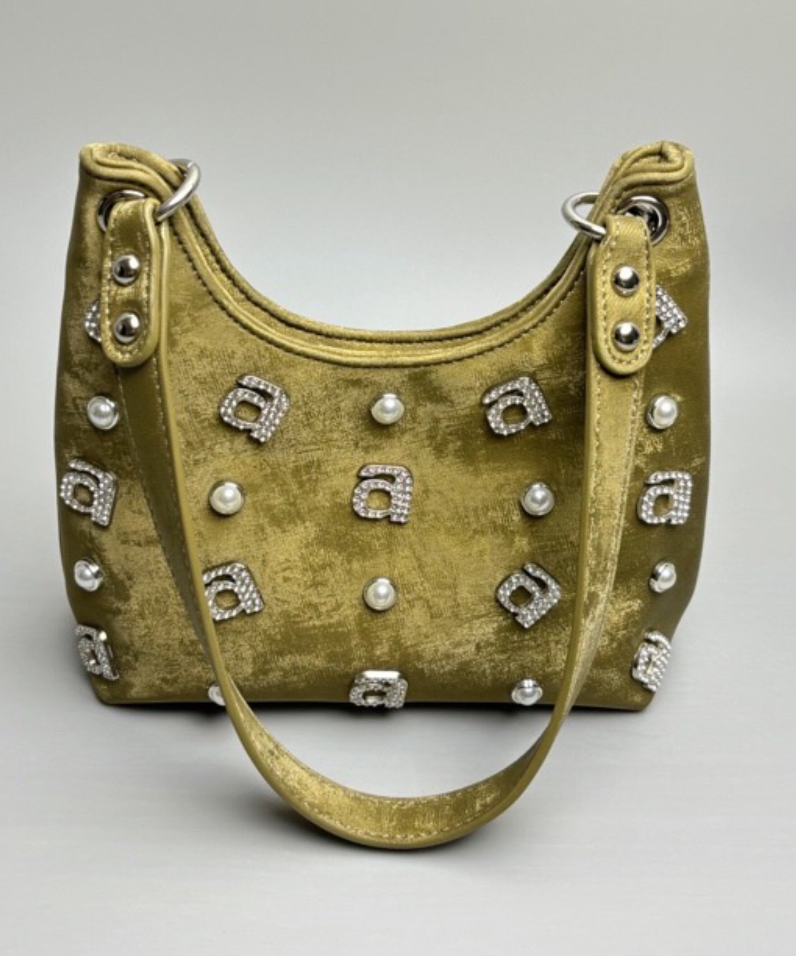 Green Silk Rhinestone Letter Shoulder Bag