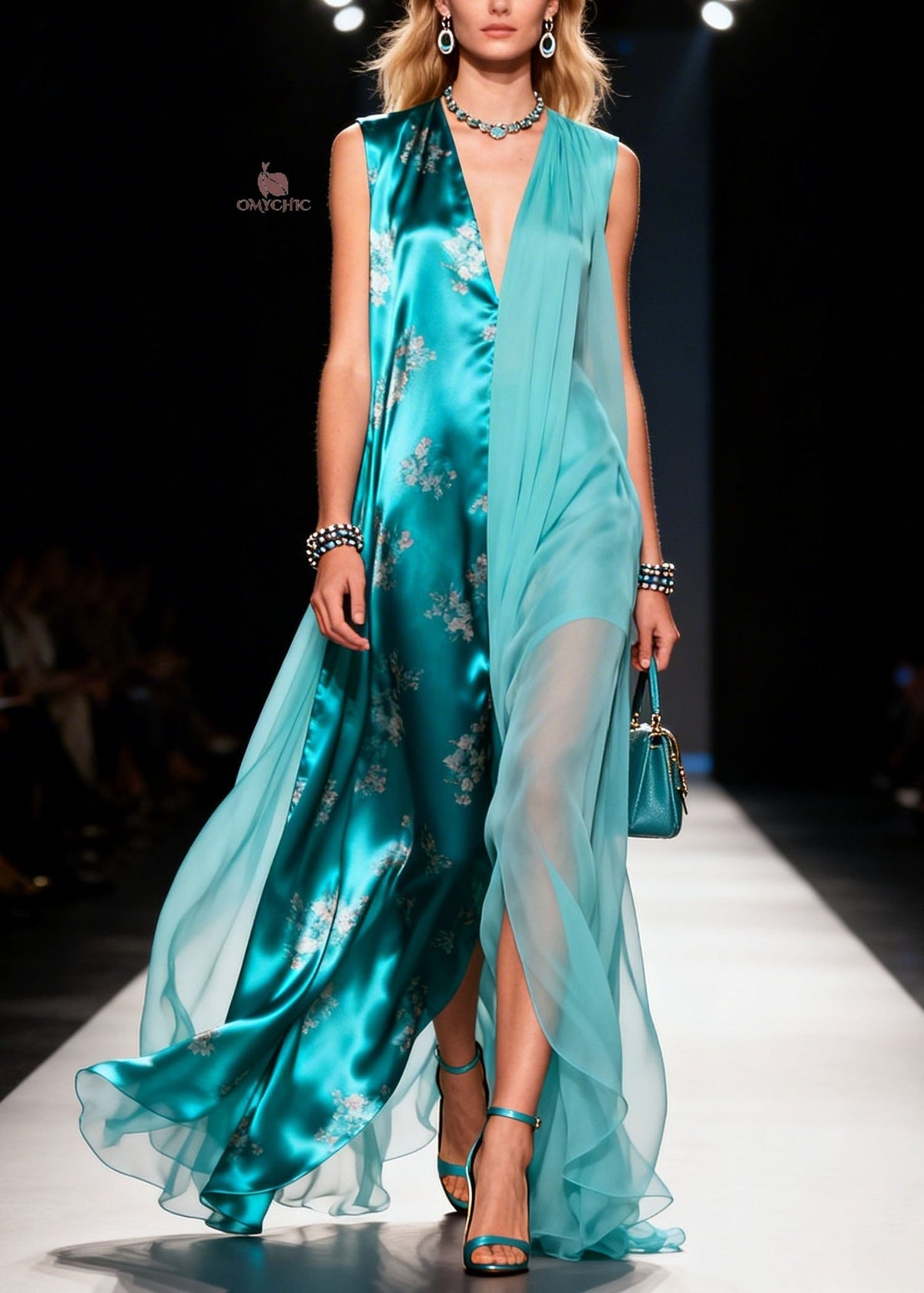 Chiffon Floral V-Neck Sleeveless Sheer Overlay Panel Maxi Dress