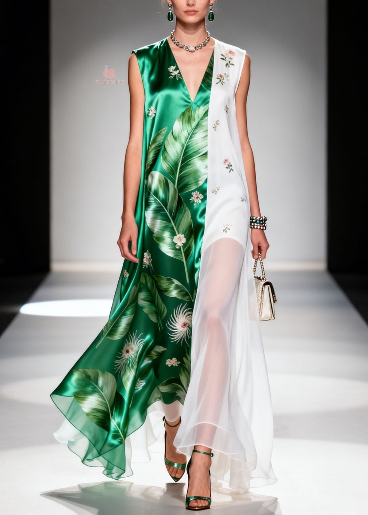 Chiffon Palm Leaf V-Neck Sleeveless Embroidered Panel Maxi Dress