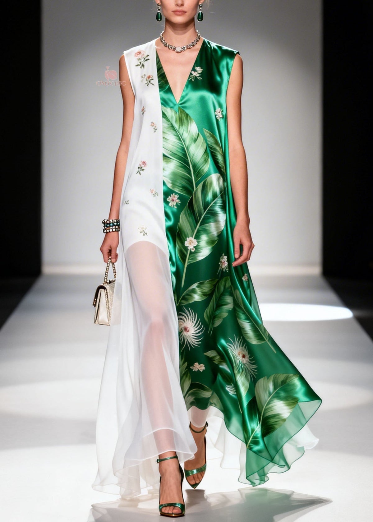 Chiffon Palm Leaf V-Neck Sleeveless Embroidered Panel Maxi Dress - View 3