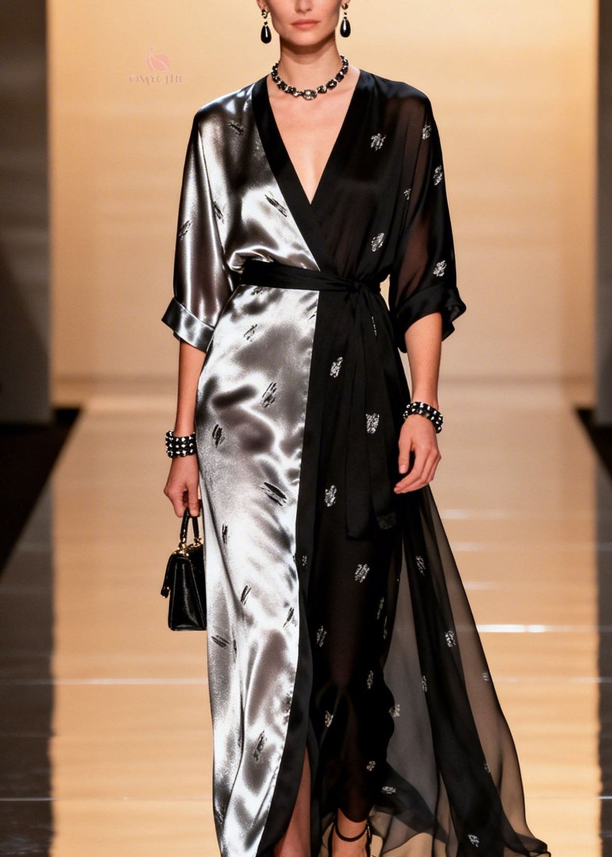 Deep V-Neck Wrap Sleeve Beetle Print Split Sheer Panel Maxi Gown - View 2