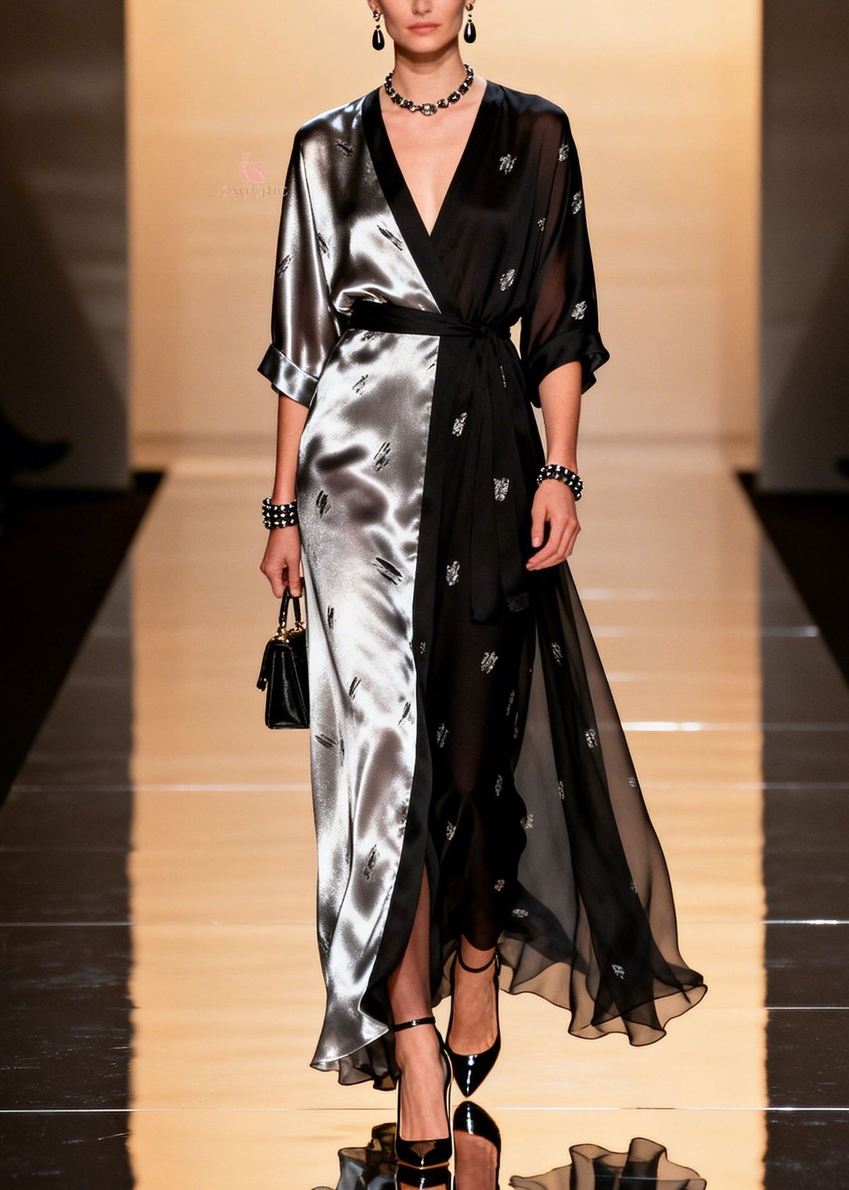 Deep V-Neck Wrap Sleeve Beetle Print Split Sheer Panel Maxi Gown - View 5