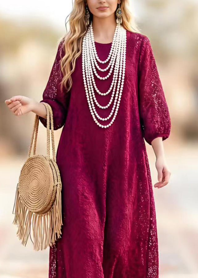 Lace Cut Out Round Neck 3/4 Sleeve Scalloped Hem Maxi Summer Dress - View 2
