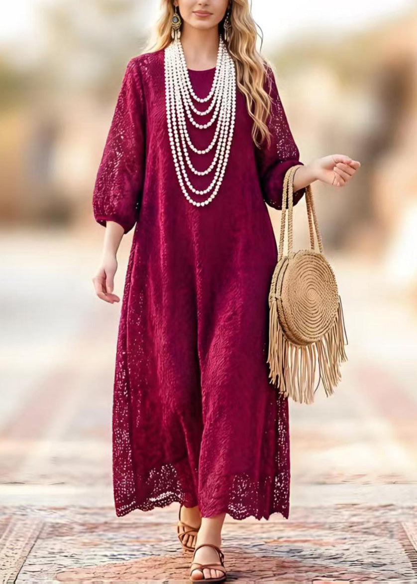 Lace Cut Out Round Neck 3/4 Sleeve Scalloped Hem Maxi Summer Dress - View 3