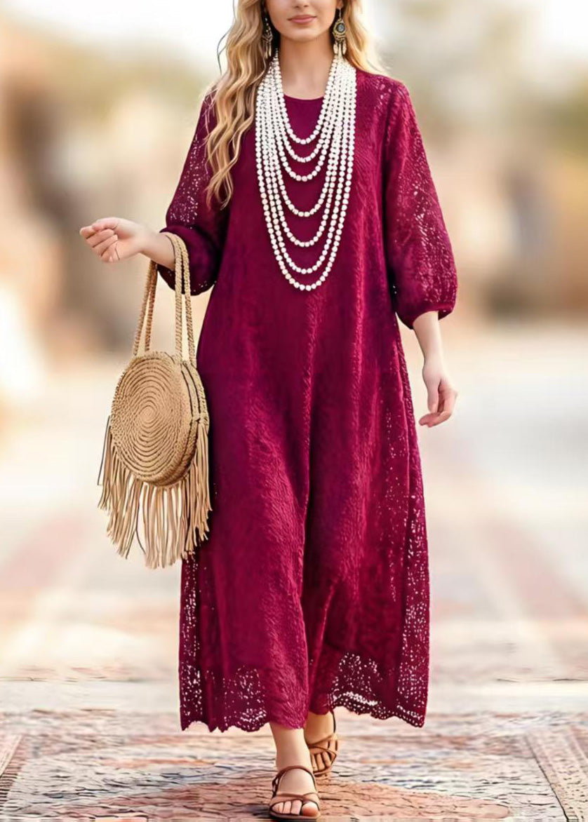 Lace Cut Out Round Neck 3/4 Sleeve Scalloped Hem Maxi Summer Dress - View 5