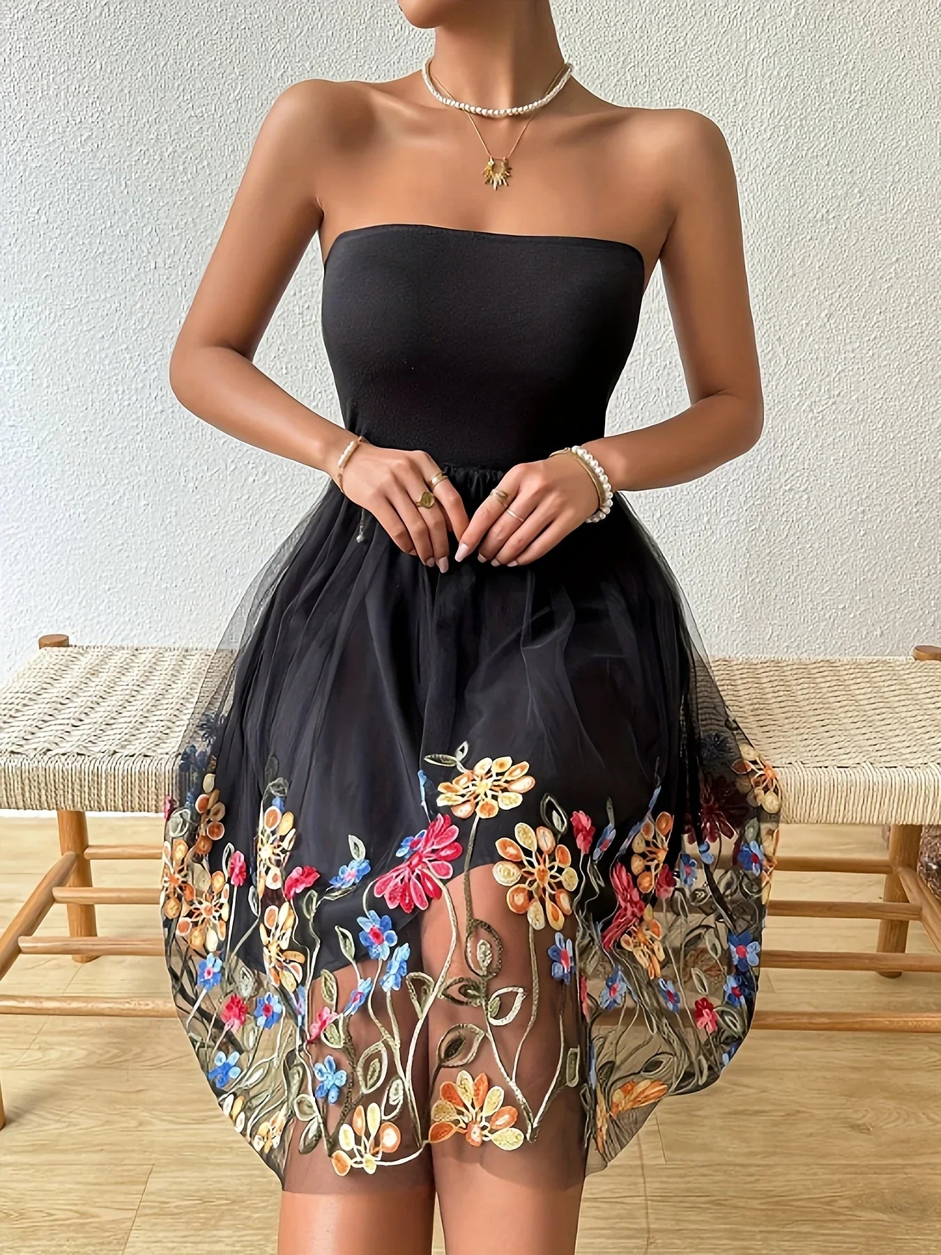 Embroidered Mesh Floral Strapless Vintage Floral Dress