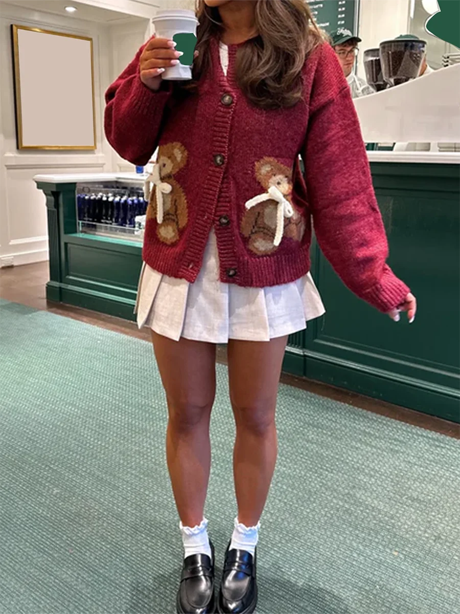 Bear Print Button-Up Round Neck Knit Cardigan