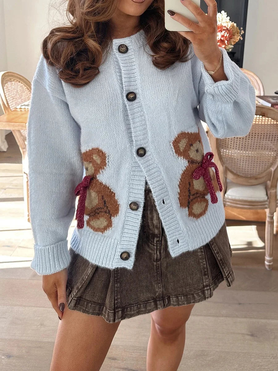 Bear Print Button-Up Round Neck Knit Cardigan