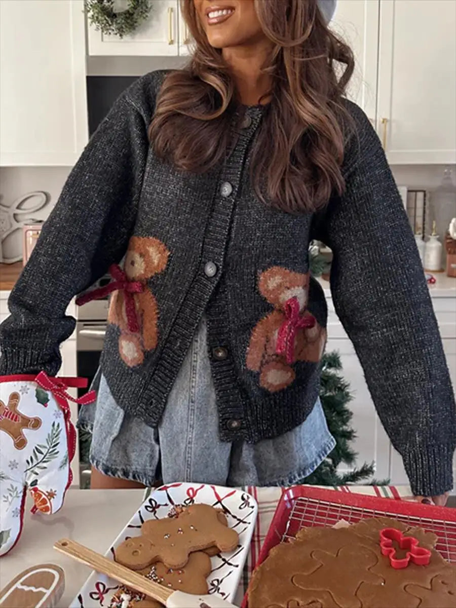 Bear Print Button-Up Round Neck Knit Cardigan