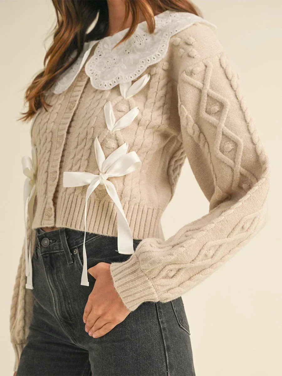 Doll Collar Tie-Up Long Sleeve Knit Cardigan