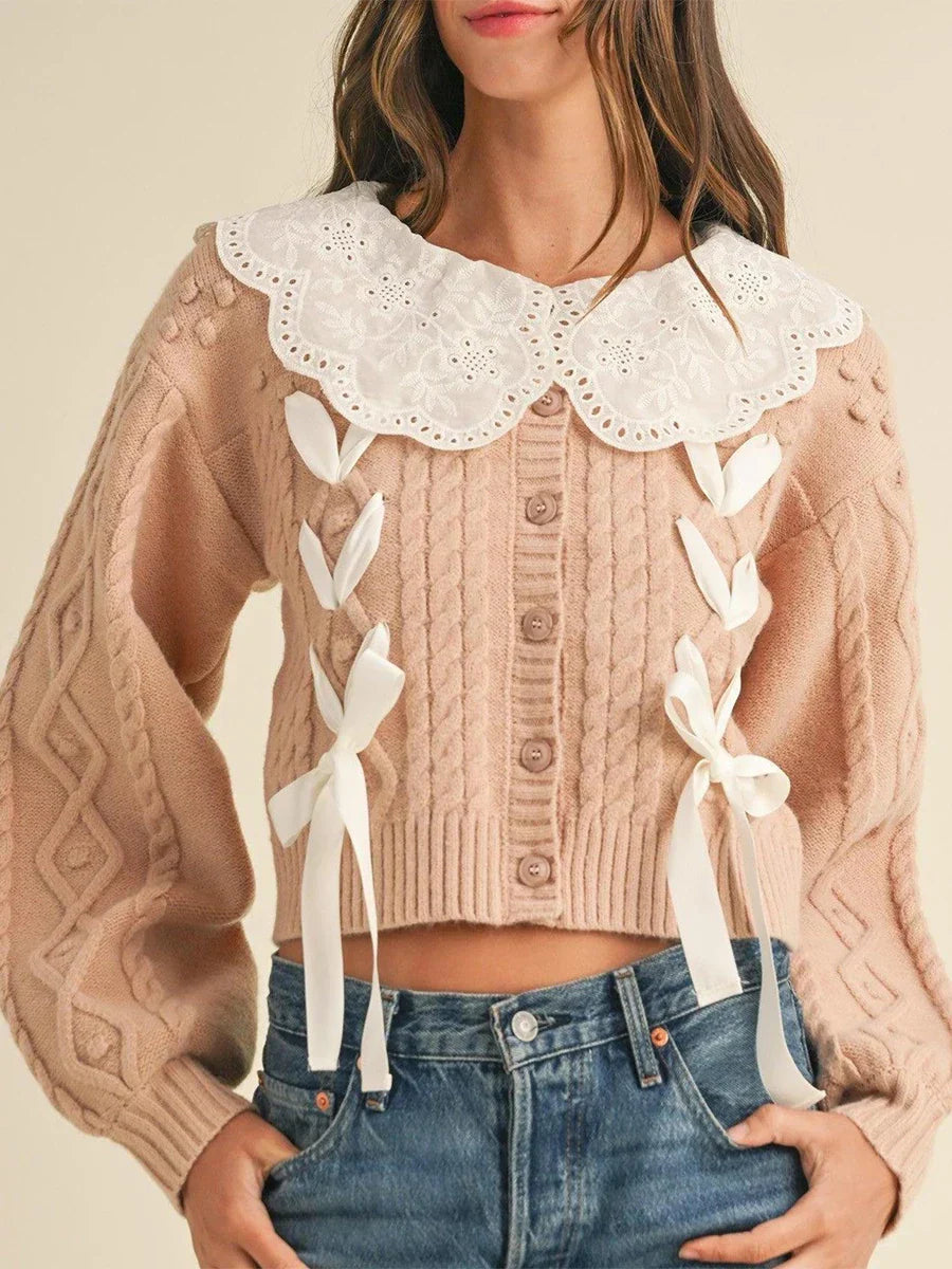 Doll Collar Tie-Up Long Sleeve Knit Cardigan