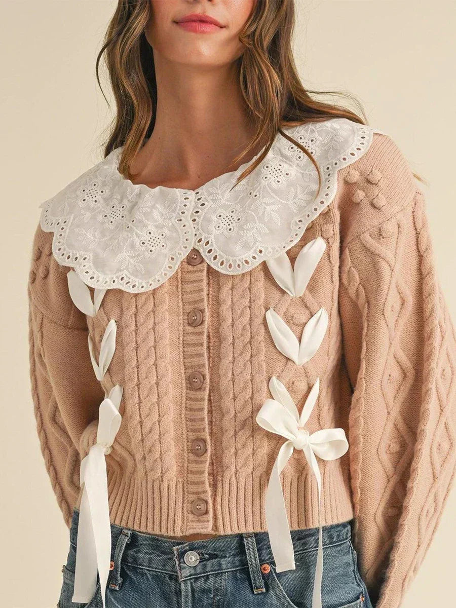 Doll Collar Tie-Up Long Sleeve Knit Cardigan