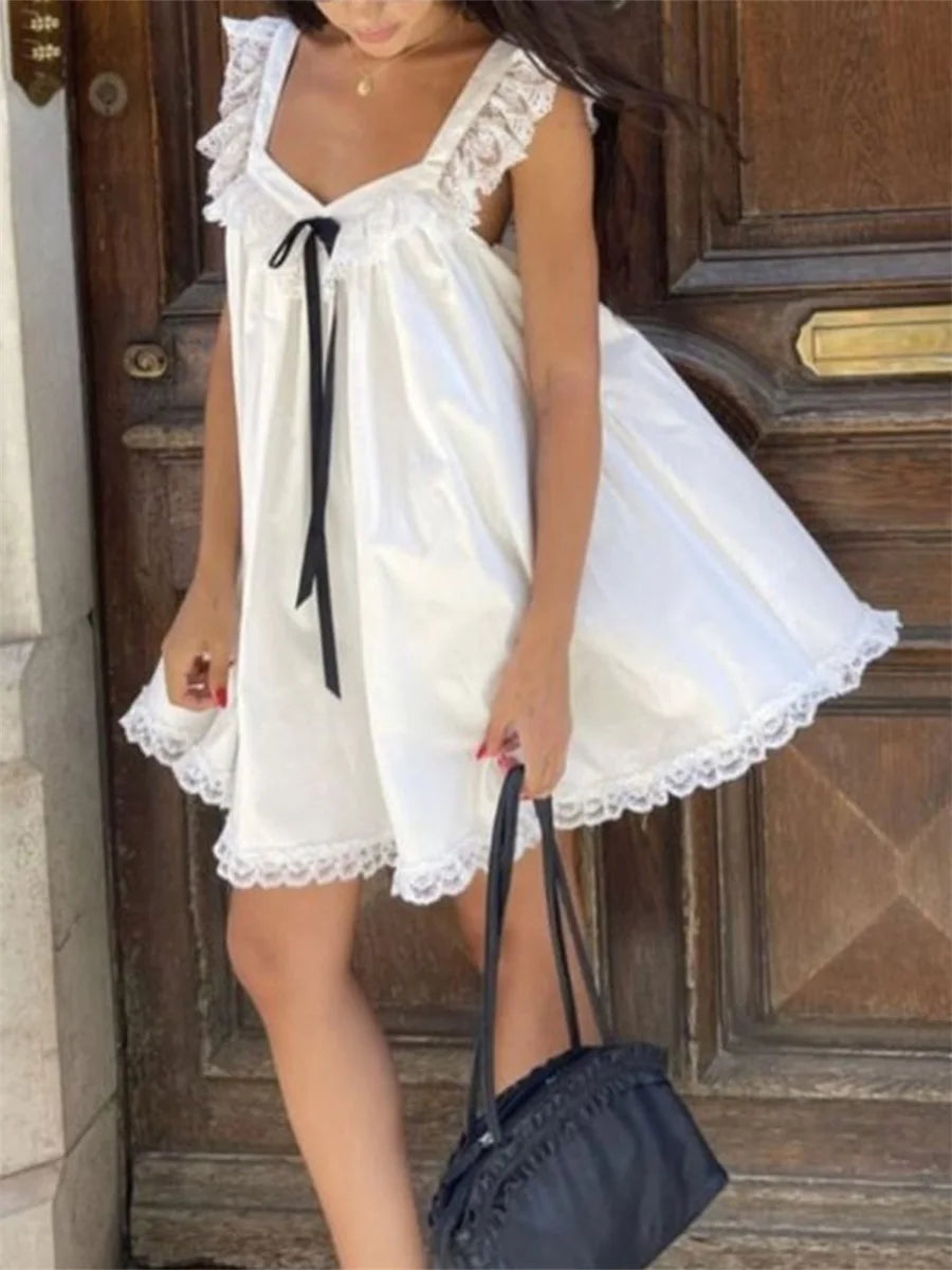 Lace Bowknot Embellished Mini Dress