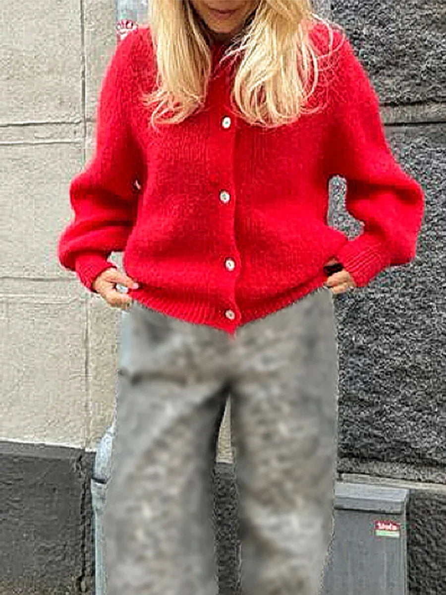 Fuzzy Button-Down Long Sleeve Knit Cardigan