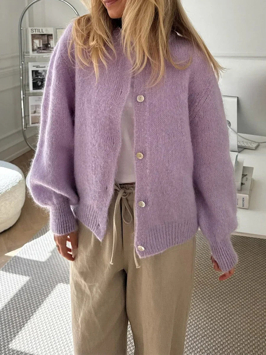 Fuzzy Button-Down Long Sleeve Knit Cardigan