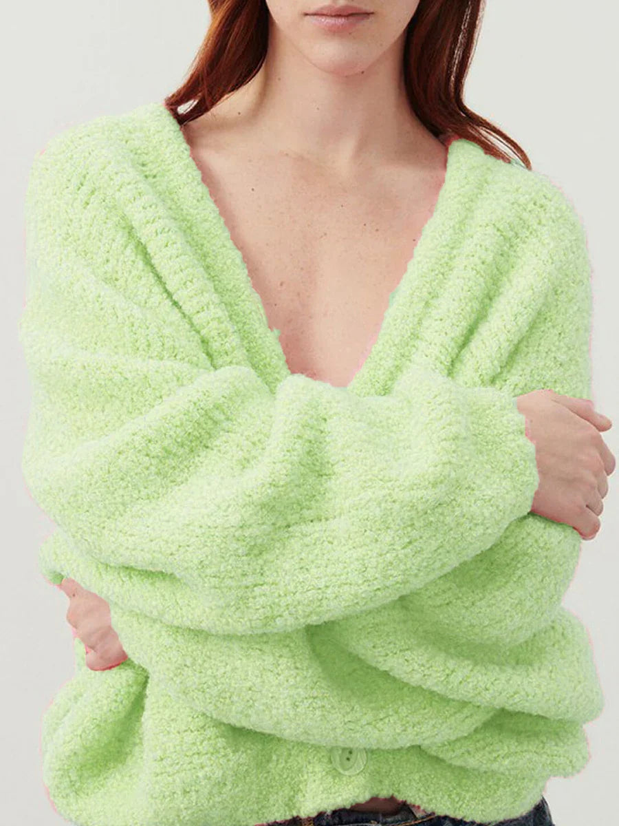 Fuzzy V-Neck Button-Front Knit Cardigan