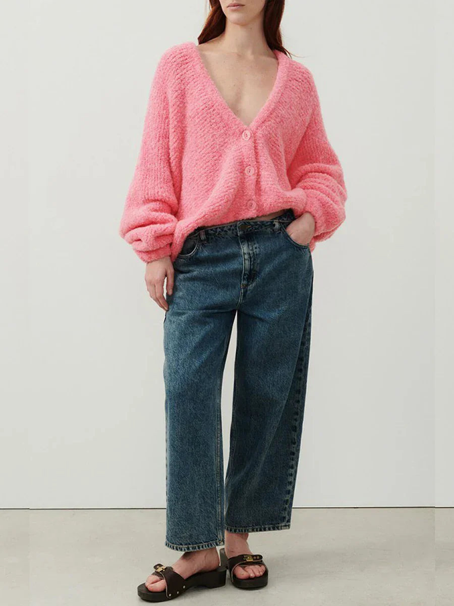 Fuzzy V-Neck Button-Front Knit Cardigan