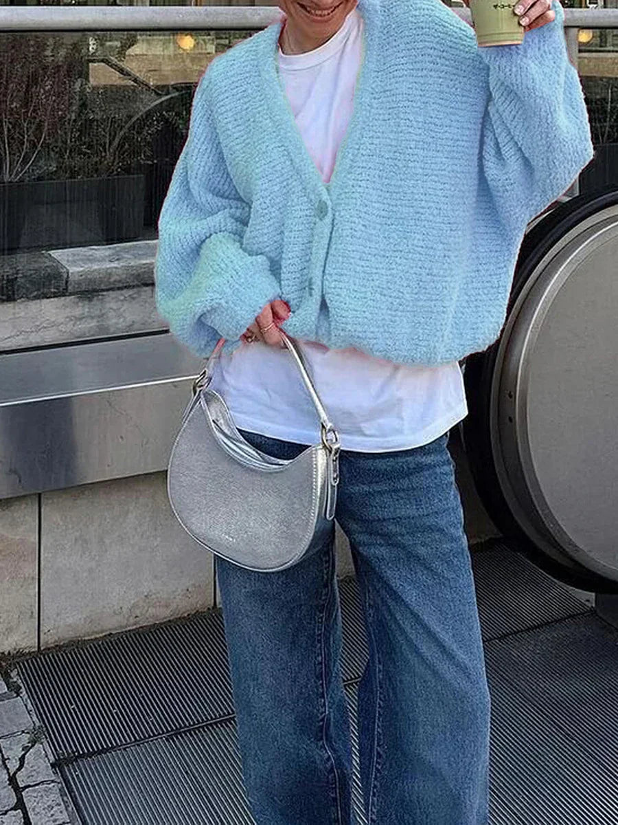 Fuzzy V-Neck Button-Front Knit Cardigan