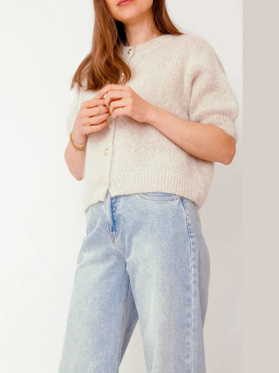 Half Sleeve O Neck Button-Up Knit Cardigan