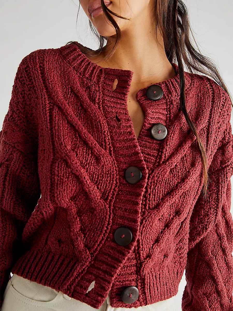 Cropped Cable Knit Button-Down Cardigan
