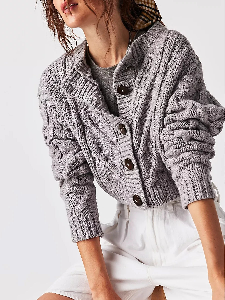 Cropped Cable Knit Button-Down Cardigan
