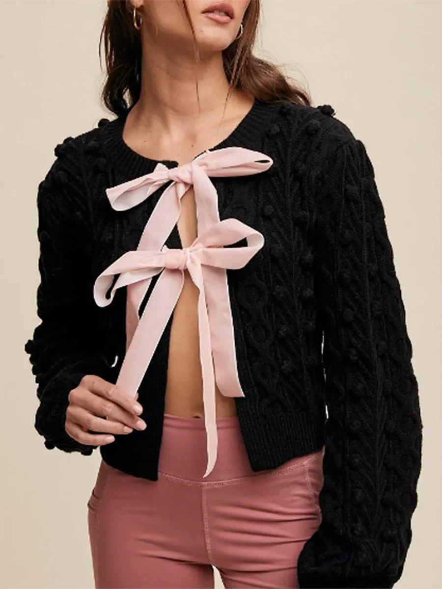Ribbed Bow Tie Cable Knit Cardigan - Fashionpara