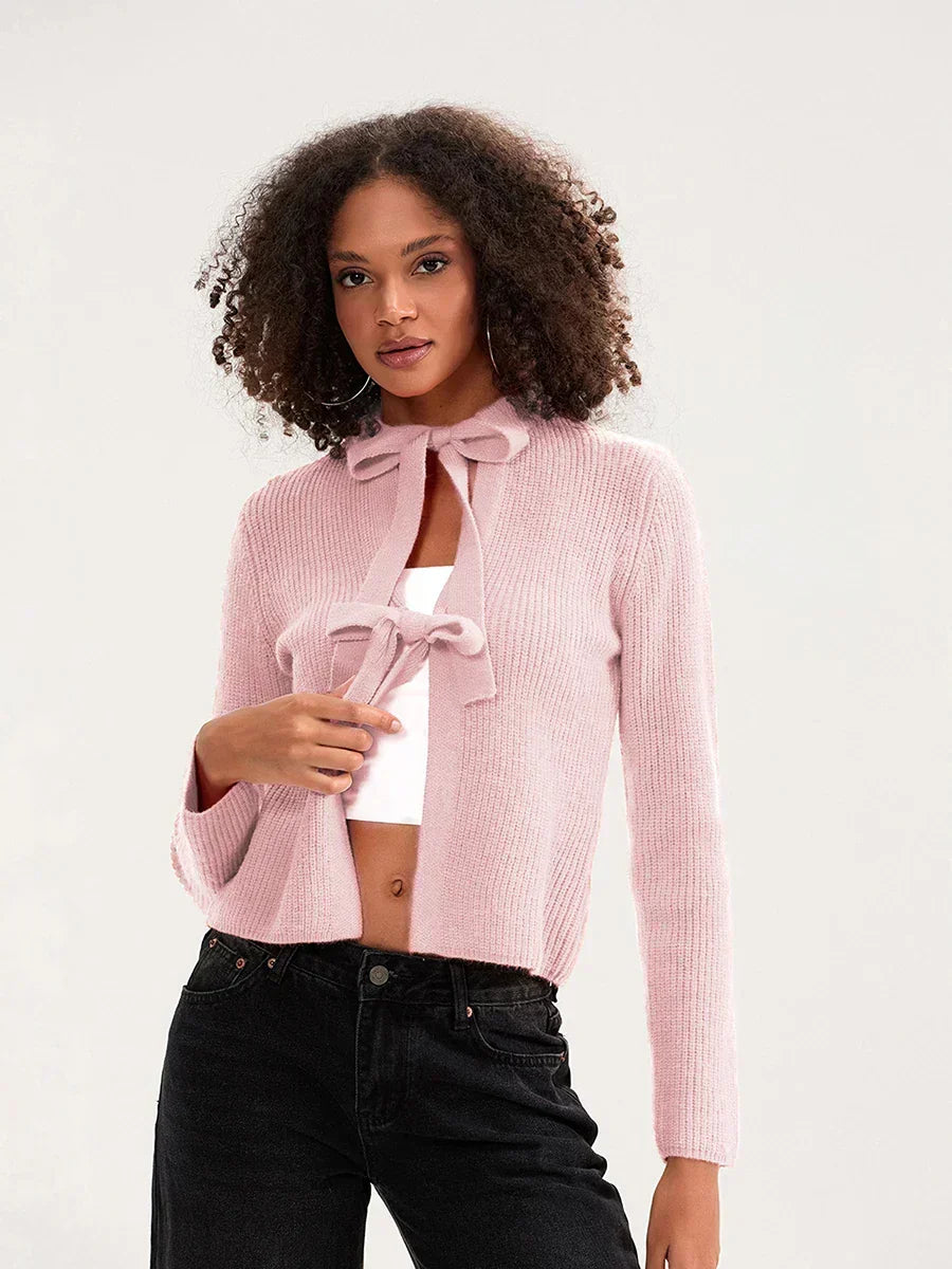 Bow Tie Front Crew Neck Knit Cardigan