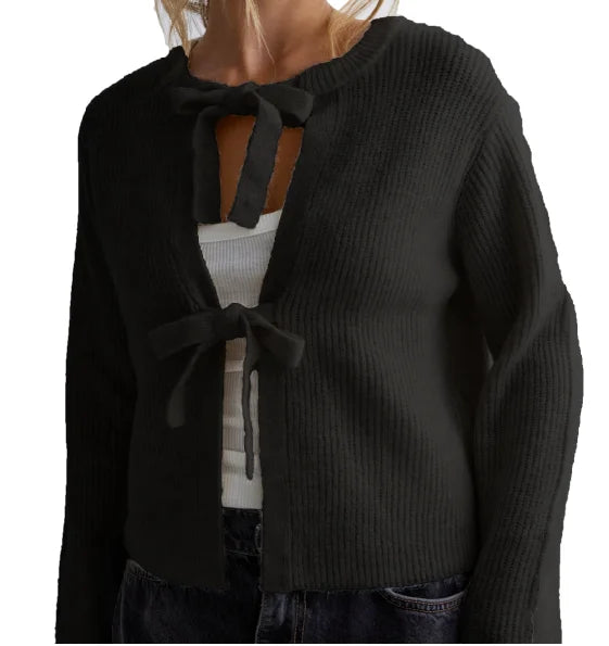 Bow Tie Front Crew Neck Knit Cardigan black / S
