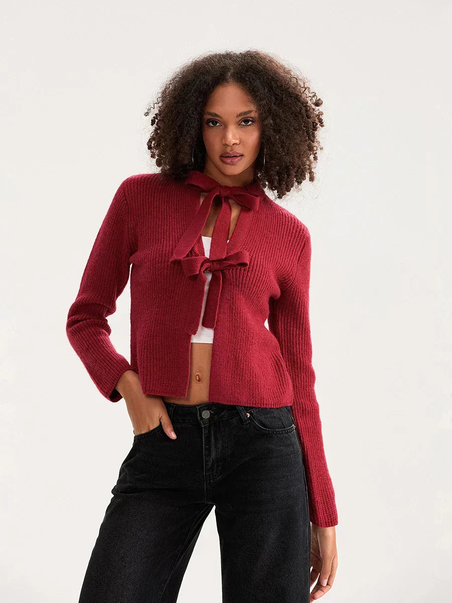 Bow Tie Front Crew Neck Knit Cardigan red / S