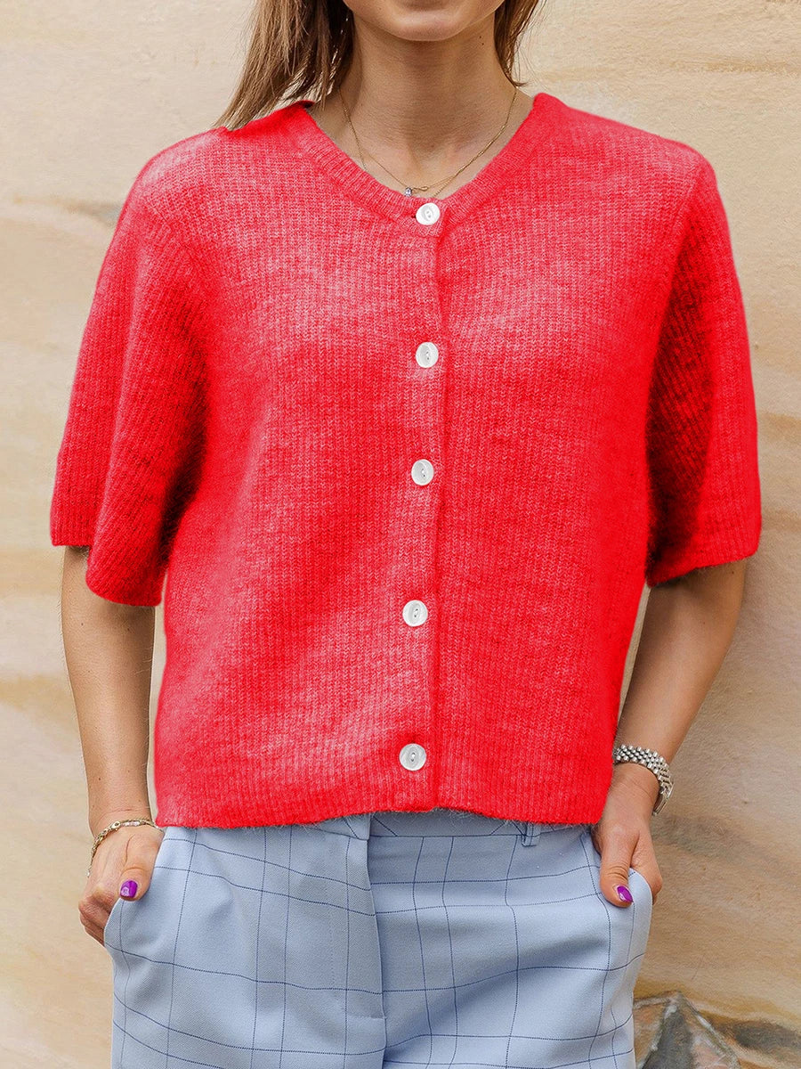 Short Sleeve Round Neck Button-Down Cardigan