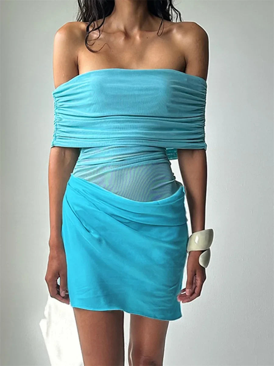 Ruched Mesh Party Mini Dress