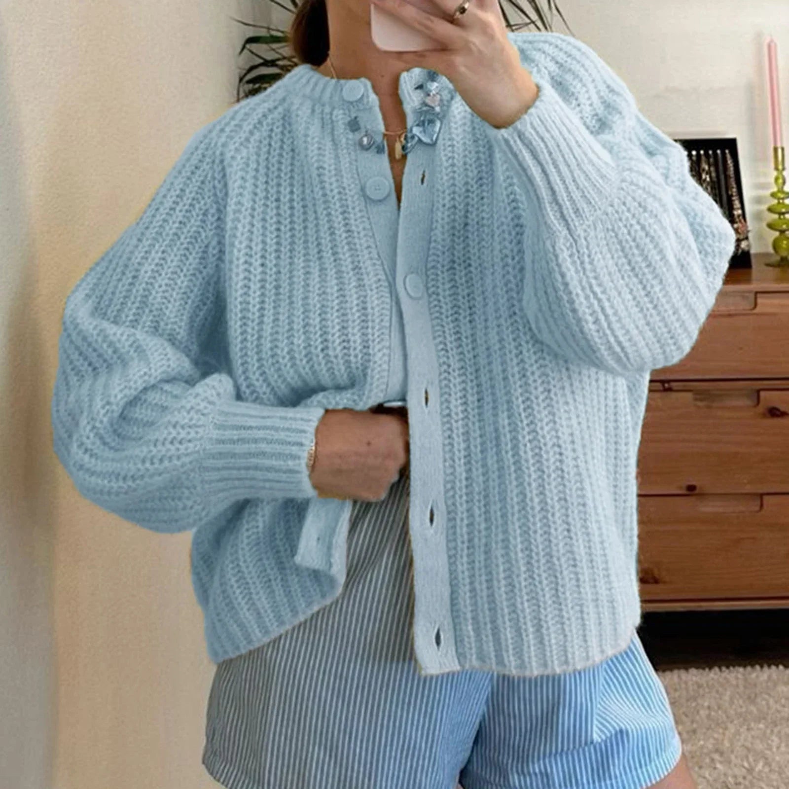 Loose Solid Crew Neck Button Cardigan