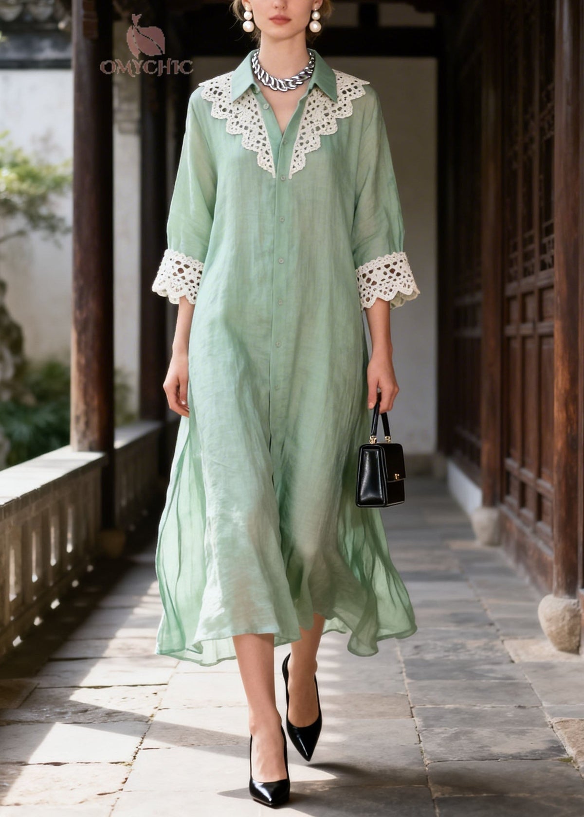 Lace Trim Collar Button Front Three Quarter Sleeve A-Line Midi Dress - View 3