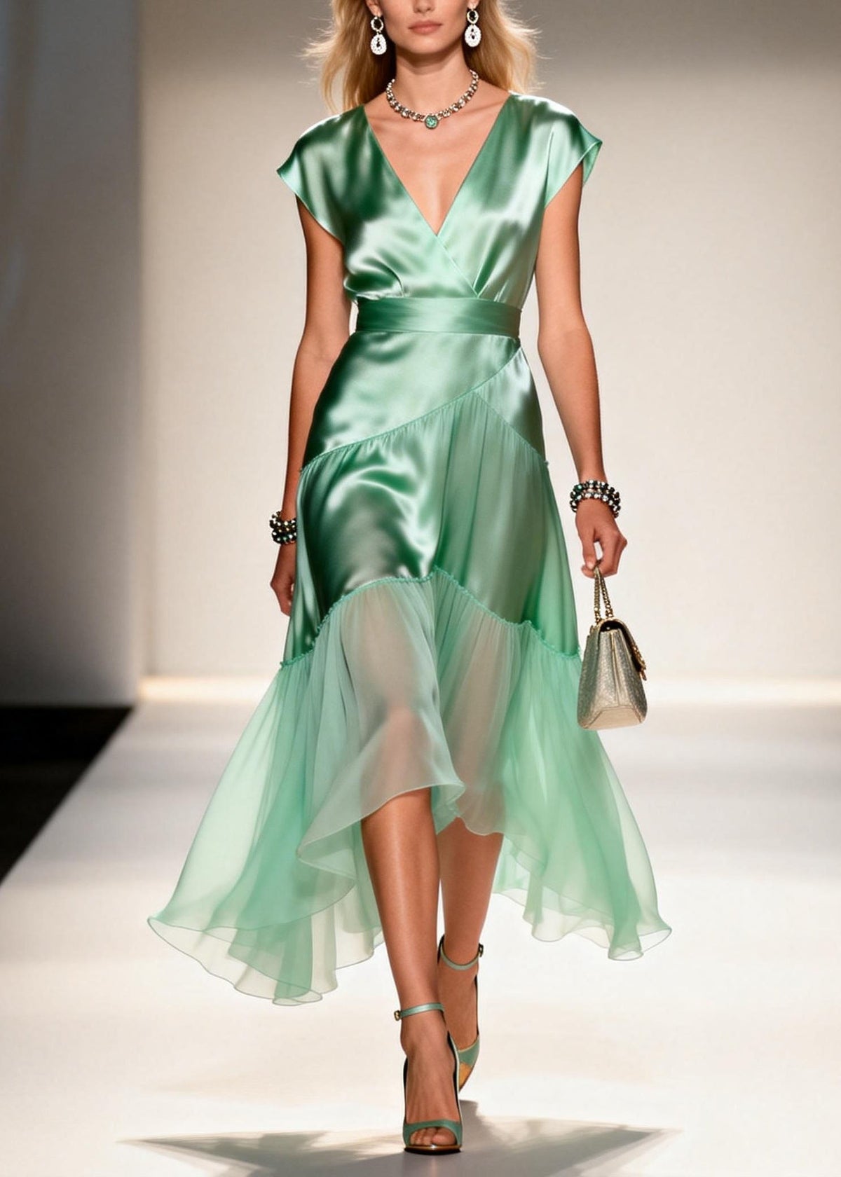 Satin Wrap V-Neck Cap Sleeve Sheer Tiered Ruffle Midi Dress