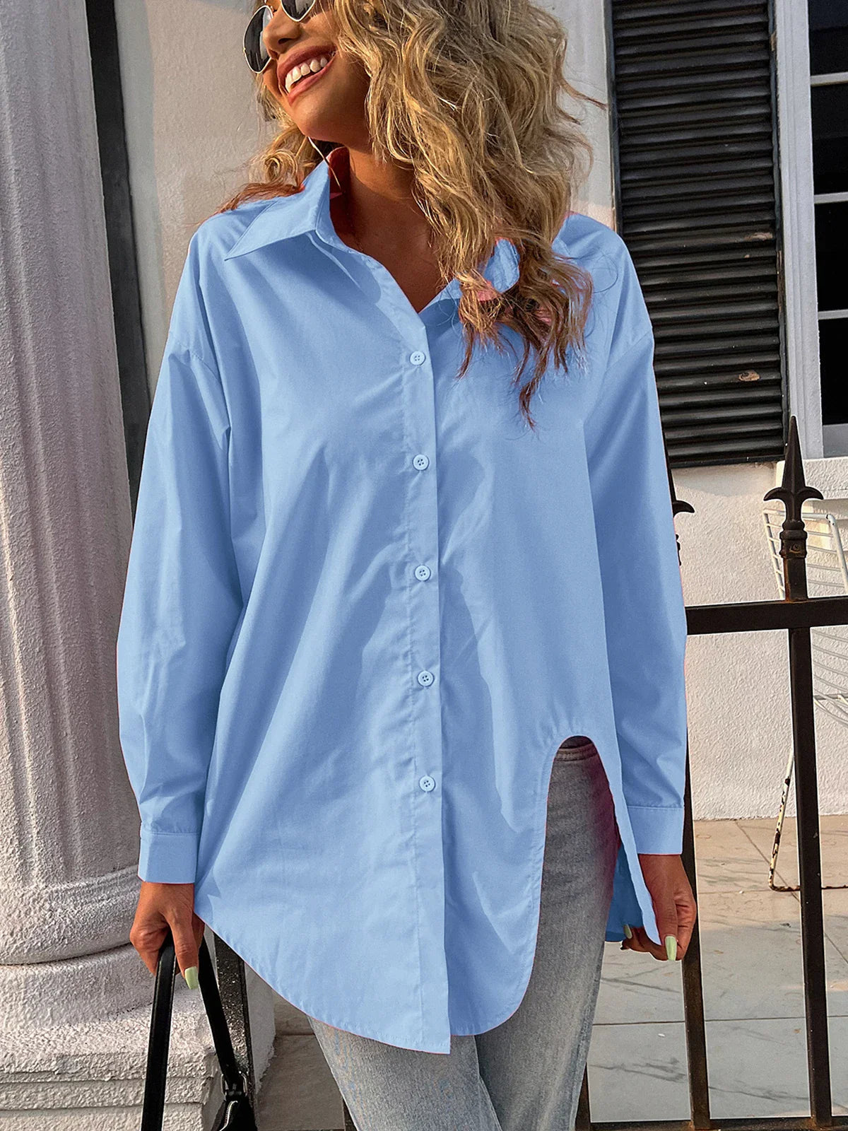 Button Down Casual Solid Collar Loose Blouse