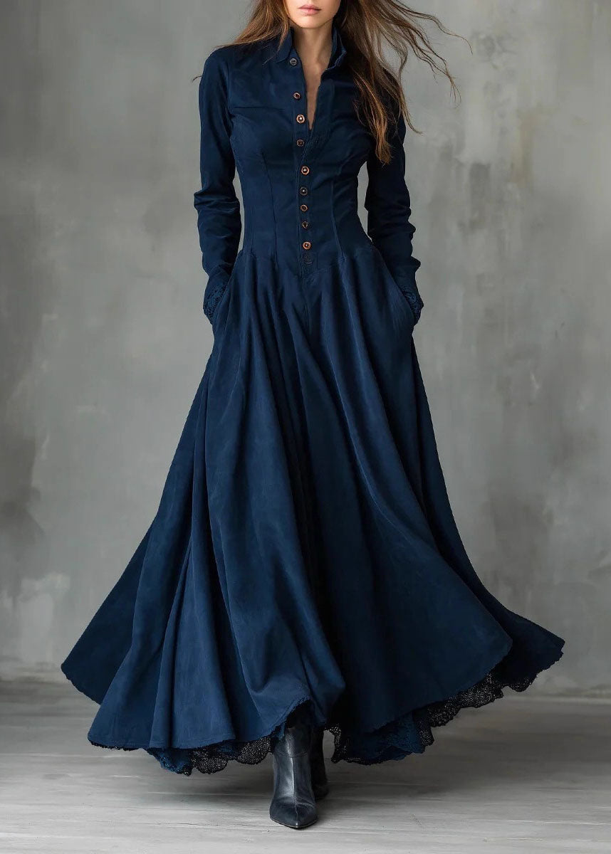 Button Front Stand Collar Lace Trim Pleated Pocket Maxi Dress