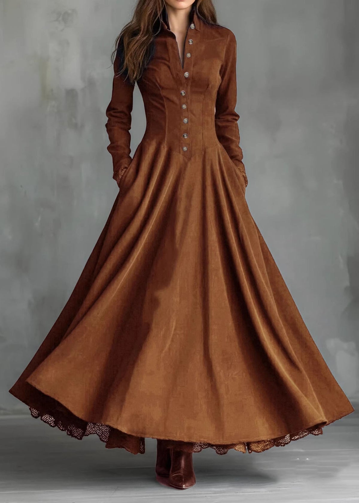 Button Front Stand Collar Lace Trim Pleated Pocket Maxi Dress - View 3